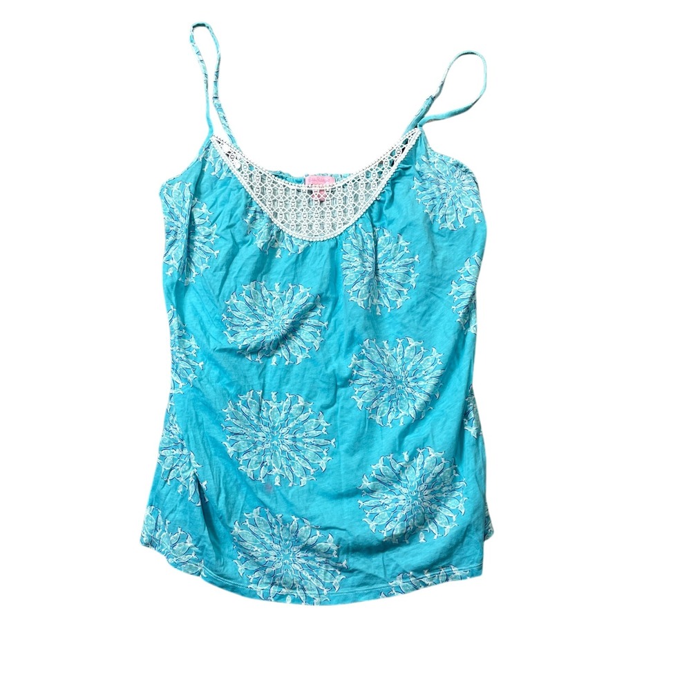Lilly Pulitzer Large Dawn Party Thyme Blue Crochet Tank Top Adj. Straps Floral